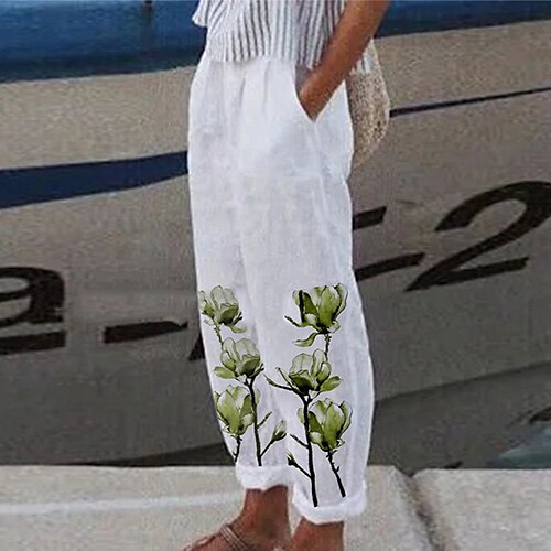 

Women's Loungewear Bottom Nighty Flower Simple Comfort Home Street Cotton And Linen Long Pant Elastic Waist Spring Summer Green Black