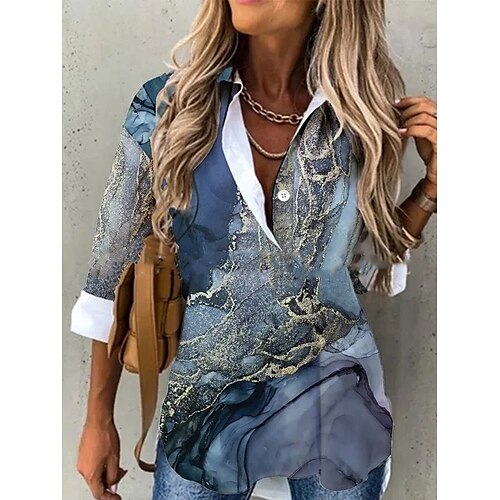 

Women's Blouse Shirt Graphic Abstract Button Print Shirt Collar Casual Streetwear Tops Navy Blue / 3D Print