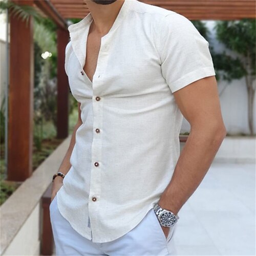 

Men's Shirt Solid Color Stand Collar Street Casual Button-Down Short Sleeve Tops Casual Fashion Breathable Comfortable White