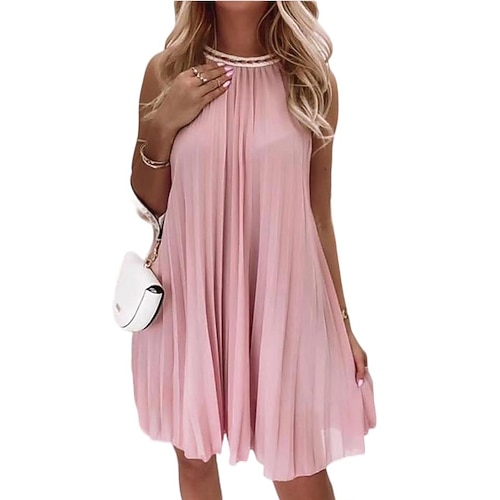 

Women's Casual Dress Mini Dress Pink Sleeveless Pure Color Ruched Spring Summer Crew Neck Weekend 2022 M L XL XXL 3XL