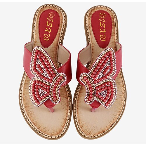 

Women's Sandals Boho Bohemia Beach Sparkly Sandals Rhinestone Flat Heel Round Toe Open Toe Elegant Casual Party Beach PU Leather Elastic Band Spring Summer Solid Colored Almond White Black