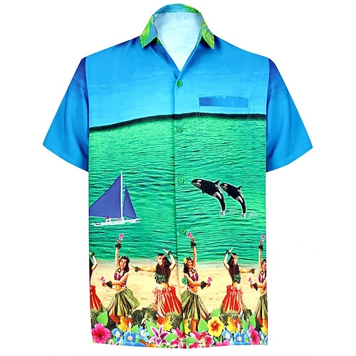 

Men's Shirt Sea Turndown Street Casual 3D Button-Down Short Sleeve Tops Casual Fashion Comfortable Beach Blue-Green