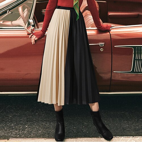 

Women's Skirt Swing Midi Polyester Blue Beige Skirts Summer Pleated Fashion Casual Daily Weekend One-Size / Loose Fit