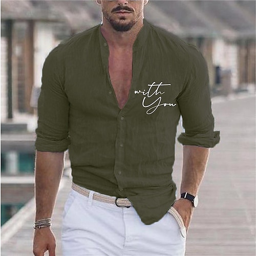 

Men's Shirt Hot Stamping Graphic Letter Collar Street Casual Button-Down Print Long Sleeve Tops Casual Fashion Designer Big and Tall White Black Army Green