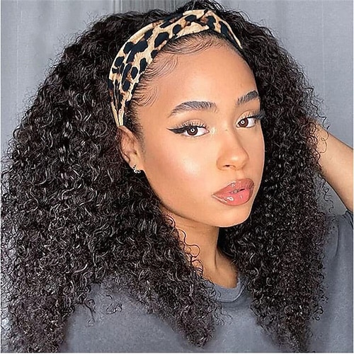 

Human Hair Wig Curly With Headband Natural Black Adjustable Easy to Carry Natural Hairline Machine Made Brazilian Hair Women's Natural Black #1B 10 inch 12 inch 14 inch Party / Evening Daily Wear