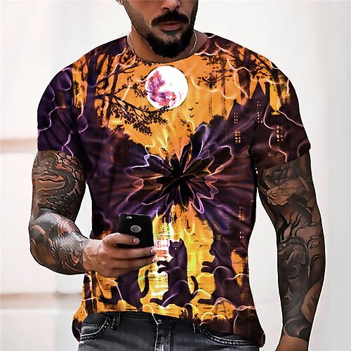 

Men's Unisex T shirt 3D Print Cat Graphic Prints Moon Crew Neck Street Daily Print Short Sleeve Tops Casual Designer Big and Tall Sports Green Blue Orange