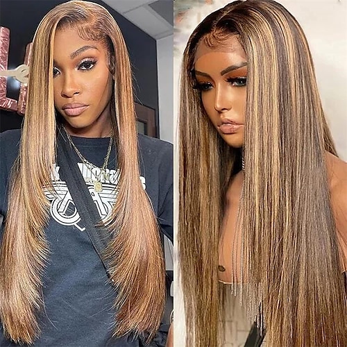 

Honey Blonde Lace Front Human Hair Wig Ombre Highlight #TL412 Color Brazilian Remy Straight Hair 13x4 Lace Frontal Wig Pre Plucked with Baby Hair for Women 150% Density