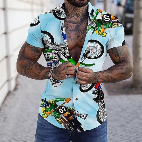 

Men's Shirt Print Motorcycle Sports Turndown Street Casual Button-Down Print Short Sleeve Tops Casual Fashion Designer Breathable Blue