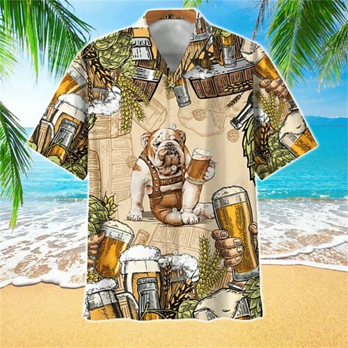 

Men's Shirt Dog Turndown Street Casual 3D Button-Down Short Sleeve Tops Casual Fashion Comfortable Beach Brown