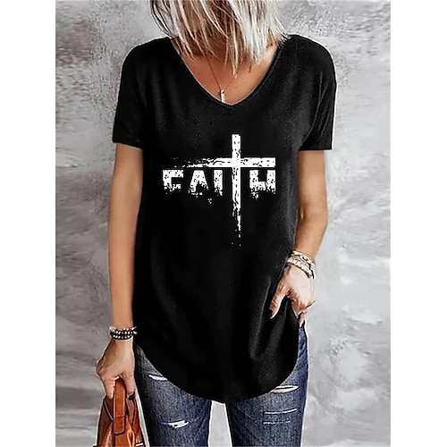 

Women's T shirt Tee Black Blue Green Letter Print Short Sleeve Casual Daily Basic V Neck Regular Loose Fit S