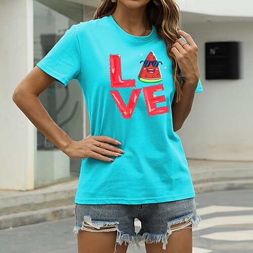 

Women's T shirt Graphic LOVE Fruit Print Round Neck Basic Tops Green Blue White