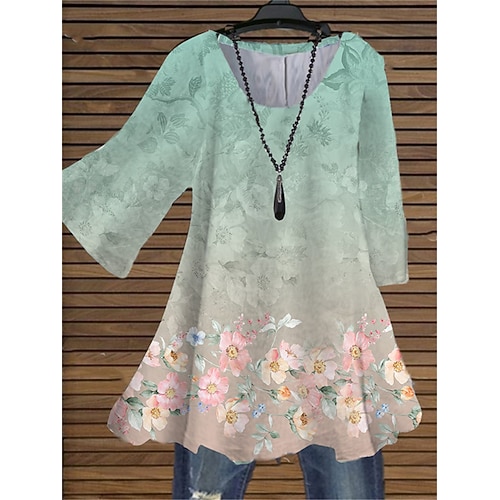 

Women's Plus Size Tops Blouse Shirt Floral Print 3/4 Length Sleeve Crewneck Streetwear Daily Holiday Cotton Spandex Jersey Spring Summer Blue LightBlue