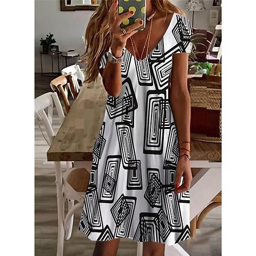 

Women's Shift Dress Short Mini Dress White Yellow Red Short Sleeve Geometric Print Spring Summer V Neck Elegant Casual Vacation 2022 S M L XL XXL 3XL