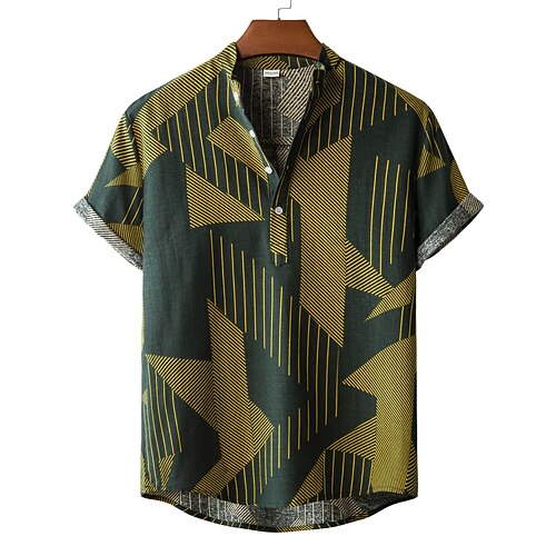 

Men's Dress Shirt Casual Shirt T shirt Shirt Print Oil Painting Geometry Letter Round Neck Casual Daily Print Short Sleeve Tops Ethnic Style Retro Tropical Nostalgic Light Yellow
