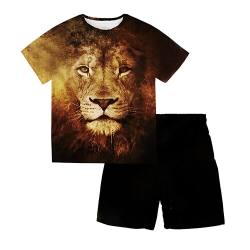 

2 Pieces Kids Boys T-shirt & Shorts Clothing Set Outfit Animal Lion Short Sleeve Crewneck Set Outdoor Sports Fashion Cool Spring Summer 3-13 Years Yellow