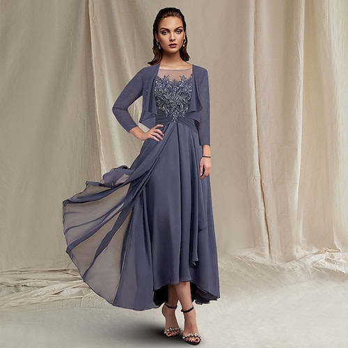 

Two Piece A-Line Mother of the Bride Dress Elegant Jewel Neck Asymmetrical Tea Length Chiffon Lace 3/4 Length Sleeve Wrap Included with Sequin Appliques 2022