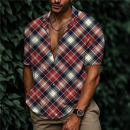

Men's Shirt Print Plaid Turndown Street Casual Button-Down Print Short Sleeve Tops Casual Fashion Designer Breathable Wine