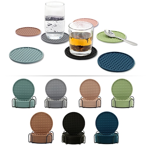 

6pcs 10cm Non-slip Table Coaster Set Heat Resistant Silicone Mat Drink Glass Coasters Kitchen Accessories Coffee Mug Placemat with holder