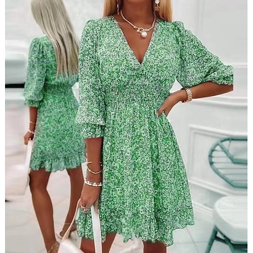 

Women's BohoDress Knee Length Dress Green Blue Purple Yellow Grey Red Half Sleeve Floral Lace up Fall Spring V Neck Basic Elegant & Luxurious Mature Puff Sleeve S M L XL 2XL XXXL