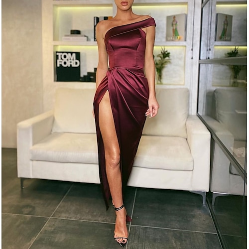 

Mermaid / Trumpet Prom Dresses High Split Dress Party Wear Ankle Length Sleeveless One Shoulder Charmeuse with Slit Pure Color 2022