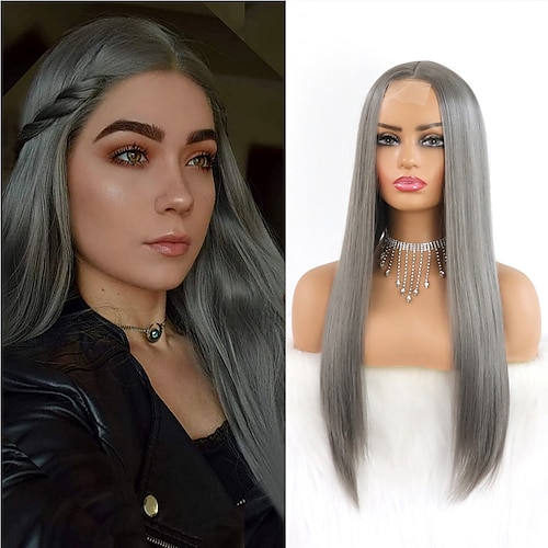 

Dark gray synthetic lace wig long silky straight hair synthetic replacement wig fashionable ladies heat-resistant synthetic w