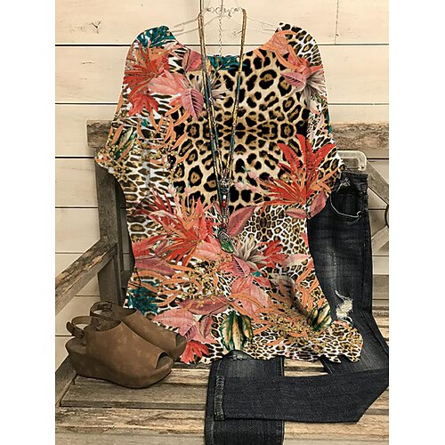 

Women's Casual Holiday Weekend Floral Geometric Blouse Henley Shirt Shirt Floral Geometric Short Sleeve Print Round Neck Casual Streetwear Tops Black Blue Purple S / 3D Print