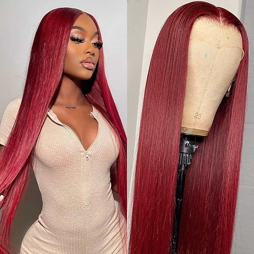 

Human Hair 13x4 Lace Front Wig Free Part Brazilian Hair Natural Straight Burgundy Wig 150% Density Classic Easy to Carry 100% Virgin For Women's 22 inch Human Hair Lace Wig Lightinthebox / Daily Wear