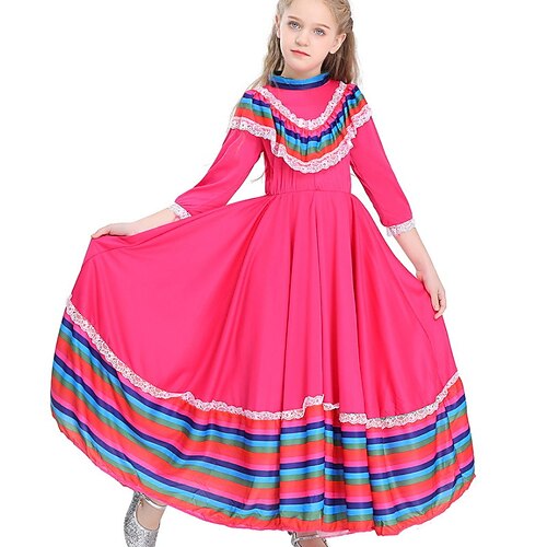 

Kids Little Girls' Dress Striped A Line Dress Daily Patchwork Lace Trims Fuchsia Asymmetrical 3/4 Length Sleeve Beautiful Cute Dresses Spring Summer Regular Fit 2-8 Years