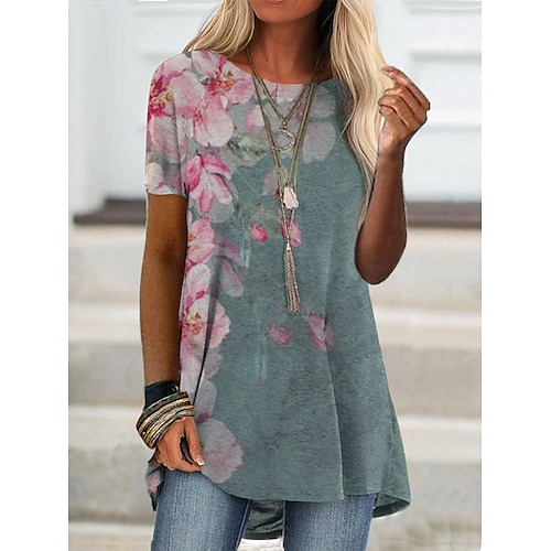 

Women's T shirt Tee Pink Flower Print Short Sleeve Daily Basic Round Neck Long 3D Printed S