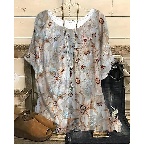 

Women's Plus Size Tops T shirt Floral Print Short Sleeve Crewneck Streetwear Daily Sports Cotton Spandex Jersey Spring Summer Blue Beige