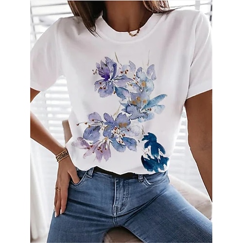 

Women's T shirt Flower Patchwork Print Round Neck Basic Tops White / 3D Print