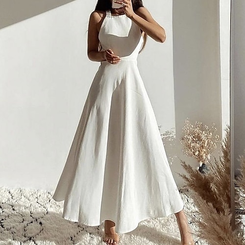 

Women's Casual Dress Swing Dress Slip Dress Midi Dress White Sleeveless Pure Color Backless Spring Summer Square Neck Modern Weekend Slim 2022 S M L XL