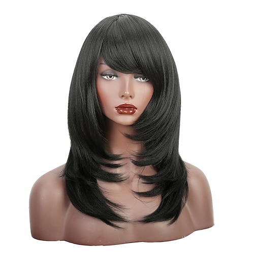 

Short Wig with Oblique Bang Natural Yaki Straight Synthetic Wigs for Women Black Wig Heat Resistant Natural Fiber