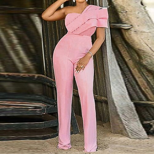 

Damen Jumpsuit Rüsche Feste Farbe Ein-Schulter Elegant Party Regular Fit Kurzarm Rosa S M L XL Sommer