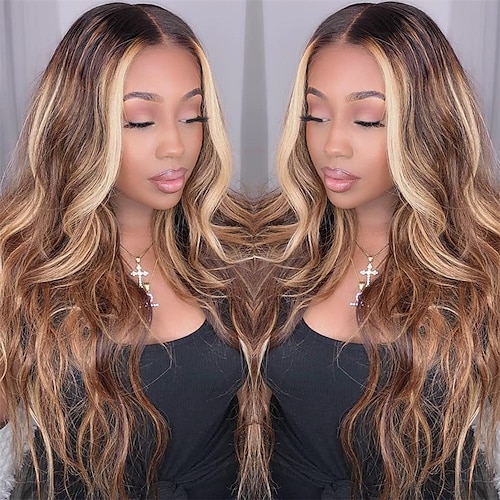 

Honey Blonde 13X4 Lace Frontal Highlight Body Wave Human Hair Wigs For Black Women Ombre Highlight Piano Colored Lace Frontal Wig Pre Plucked with Baby Hair 150% Density TL412 Color