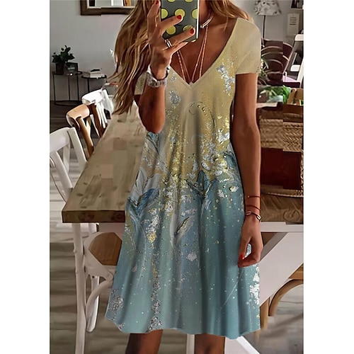 

Femme Robe casual Manche Courte Printemps Eté Imprimer Floral Col V 2022 Bleu S M L XL XXL 3XL