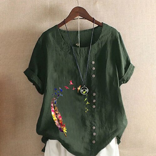 

Women's Plus Size Tops Blouse T shirt Floral Button Print Short Sleeve Crewneck Streetwear Going out Weekend Linen Spring Summer Blue Dark Blue