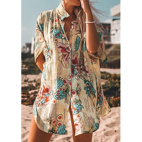 

Women's Casual Holiday Weekend Floral Blouse Shirt Floral Striped Short Sleeve Button Print Shirt Collar Casual Hawaiian Beach Tops Rainbow One-Size / 3D Print