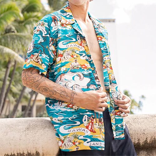 

Men's Shirt Surf Turndown Street Casual Button-Down Short Sleeve Tops Casual Fashion Comfortable Beach Blue