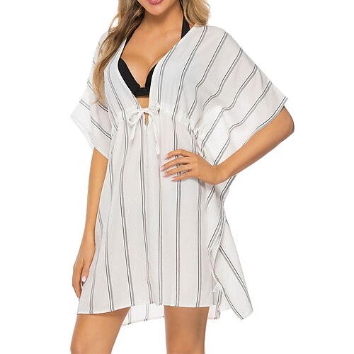 

Women's Swimwear Cover Up Beach Dress Normal Swimsuit UV Protection Drawstring Printing Striped White Black V Wire Bathing Suits New Stylish Vacation / Modern