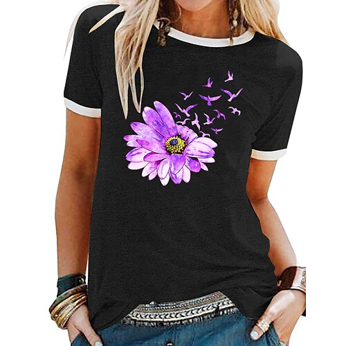 

Women's T shirt Floral Graphic Bird Patchwork Print Round Neck Basic Tops Green Blue Black