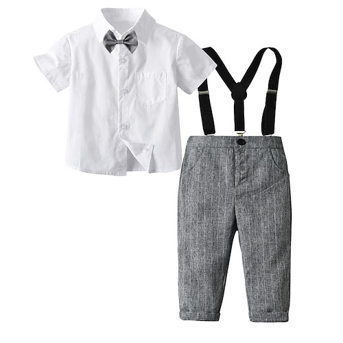 

3 Pieces Kids Boys Shirt & Pants Clothing Set Outfit Solid Color Short Sleeve Ruched Cotton Set Outdoor Active Gentle Spring Summer 2-6 Years Black Gray