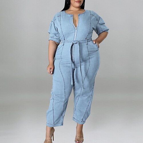 

Women's Plus Size Jumpsuit Pocket Solid Color Streetwear Casual Daily High Full Length Spring Fall Blue Navy Blue XL XXL 3XL 4XL 5XL / Denim