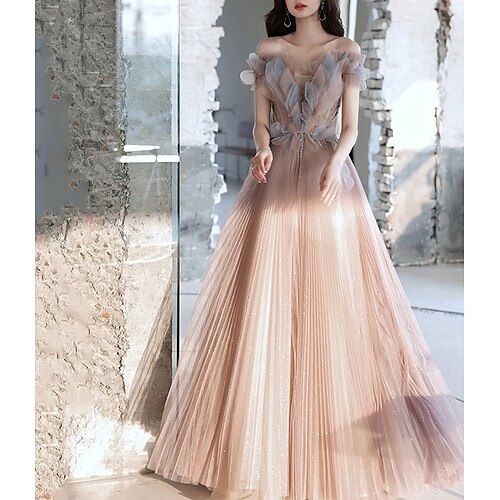 

A-Line Sparkle & Shine Puffy Prom Formal Evening Dress Off Shoulder Short Sleeve Floor Length Polyester with Beading Sequin 2022