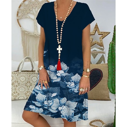 

Damen Casual kleid Etuikleid Grün Blau Marineblau Kurzarm Blumen Bedruckt Frühling Sommer V Ausschnitt Lockere Passform 2022 S M L XL XXL 3XL