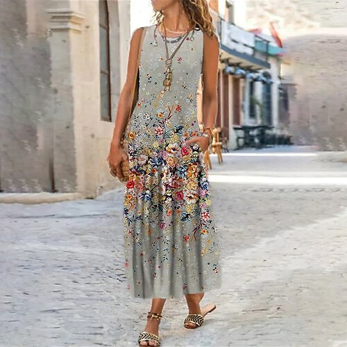 

Women's Shift Dress Maxi long Dress Gray Sleeveless Floral Print Spring Summer U Neck Casual Vacation 2022 S M L XL XXL 3XL