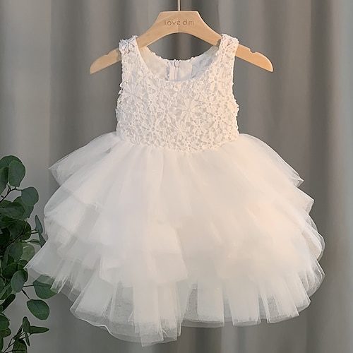 

Kids Girls' Dress Solid Colored Dress Party Lace up Sleeveless Cute Dress 3-10 Years Spring White