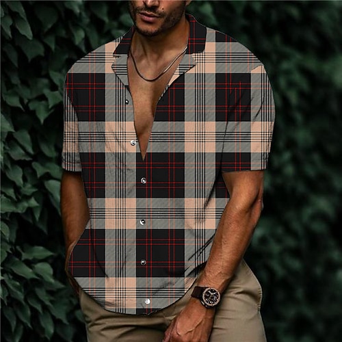 

Men's Shirt Print Plaid Turndown Street Casual Button-Down Print Short Sleeve Tops Casual Fashion Designer Breathable Wine