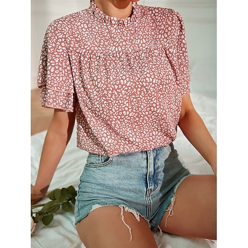 

Women's Daily Weekend Blouse Shirt Leopard Short Sleeve Ruffle Print Round Neck Casual Streetwear Tops Pink S / 3D Print