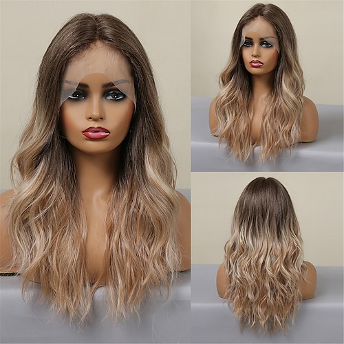 

HAIRCUBE Ombre Brown 22 inch Lace Front Wig Long Water Wavy 1341 T Part Kanekalon Lace Wig With Baby Hair for Woman 180% Density